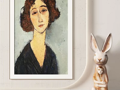 Framed Portrait Painting of a Woman with Brown Hair and Dark Clothing Beside Rabbit Figurine 3d model