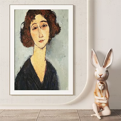 Framed Portrait Painting of a Woman with Brown Hair and Dark Clothing Beside Rabbit Figurine 3d model