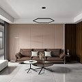 Modern Living Dining Room Interior With Brown Sofa Black TV And Round Coffee Table