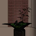 Indoor Landscape With Black Irregular Planter On Wooden Pedestal Greenery Moss Red Perforated Brick Wall