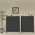 Modern Grey Entryway Cabinet And Side Cabinet With Decorative Items Green Plant And Wall Art