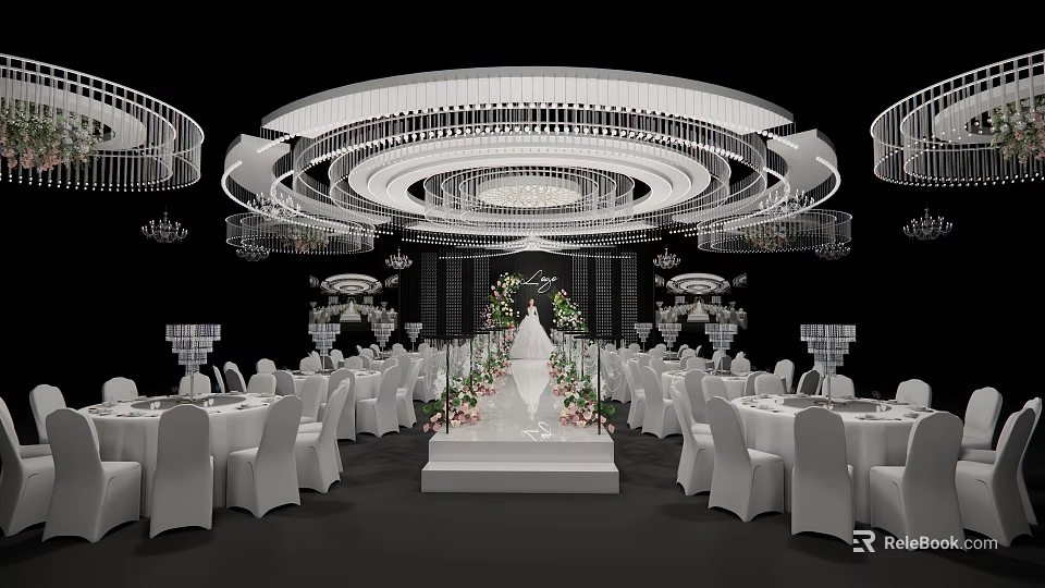 Elegant Banquet Hall With White Tables Chairs Flower Decorated Aisle And Large Circular Chandeliers 3d model 