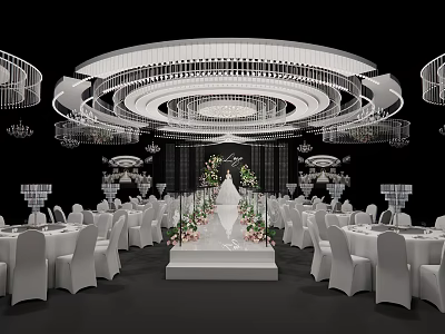Elegant Banquet Hall With White Tables Chairs Flower Decorated Aisle And Large Circular Chandeliers 3d model
