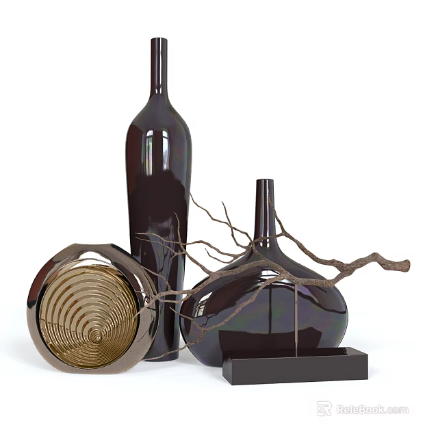 Modern Decorative Ornament Set With Dark Vases Gold Geometric Decor And Branches 3d model 
