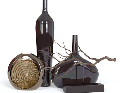 Modern Decorative Ornament Set With Dark Vases Gold Geometric Decor And Branches 3d model