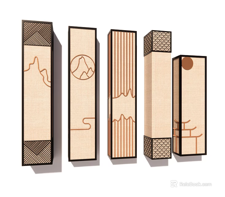 Chinese Style Wall Lamps With Traditional Mountain Cloud Pavilion Patterns And Wooden Frame Design 3d model 