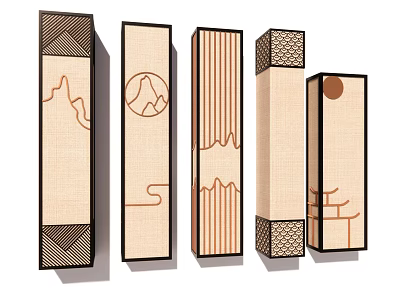 Chinese Style Wall Lamps With Traditional Mountain Cloud Pavilion Patterns And Wooden Frame Design 3d model