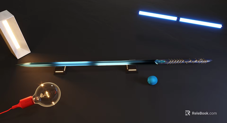 Decorative Blue Sword Weapon with Intricate Hilt Design on Display Stand and Small Ornaments 3d model 
