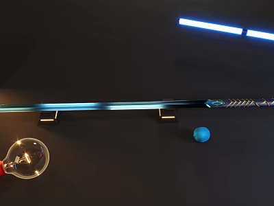Decorative Blue Sword Weapon with Intricate Hilt Design on Display Stand and Small Ornaments 3d model