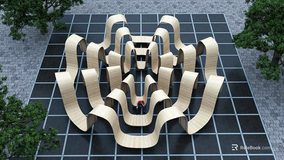 Outdoor Chairs With Curved Wooden Maze Like Artistic Structure And Square Tiles And Trees 3d model 