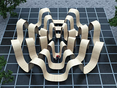 Outdoor Chairs With Curved Wooden Maze Like Artistic Structure And Square Tiles And Trees 3d model