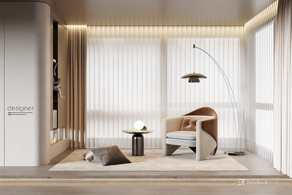 Modern Vertical Blinds In Living Room Interior With Armchair Floor Lamp And Rug 3d model 