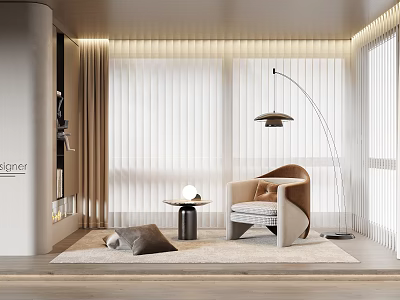 Modern Vertical Blinds In Living Room Interior With Armchair Floor Lamp And Rug 3d model