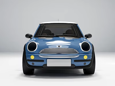 Blue Mini Style Car With Round Headlights White Roof And Front Grille Design 3d model