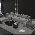 Modern Beige Sofa And Coffee Table Set With Multiple Cushions Throw Blanket And Wooden Wall
