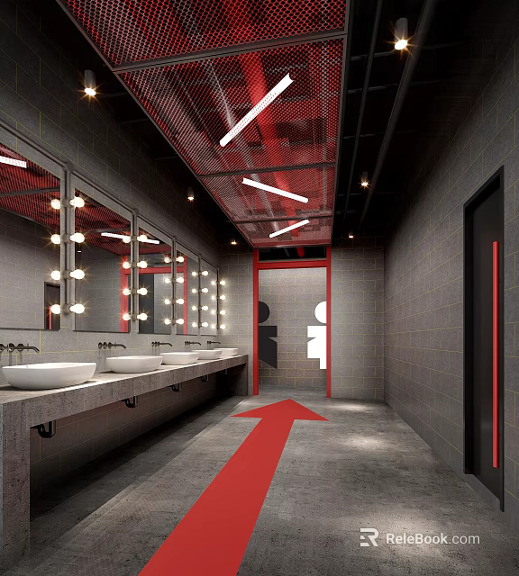 Modern Public Restroom With Red Accents Gray Walls Washbasins Mirrors And Directional Signs 3d model 