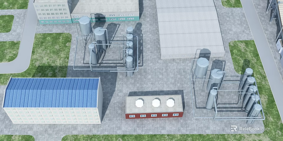 Industrial Factory Complex With Storage Tanks Piping Systems And Metal Roof Structures 3d model 