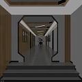 Elegant Hotel Corridor with Wooden Slat Ceiling Circular Artwork Wall Lamps and Gray Floors