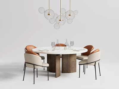 Round Dining Table Set with Marble Top Wooden Legs Orange Beige Chairs Glass Pendant Lights and Modern Design 3d model