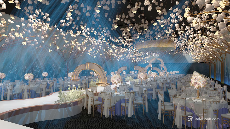Luxurious Banquet Hall Interior Design With White Petal Ceiling Blue Lighting And Arched Accents 3d model 