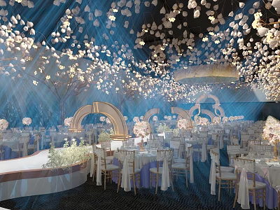 Luxurious Banquet Hall Interior Design With White Petal Ceiling Blue Lighting And Arched Accents 3d model