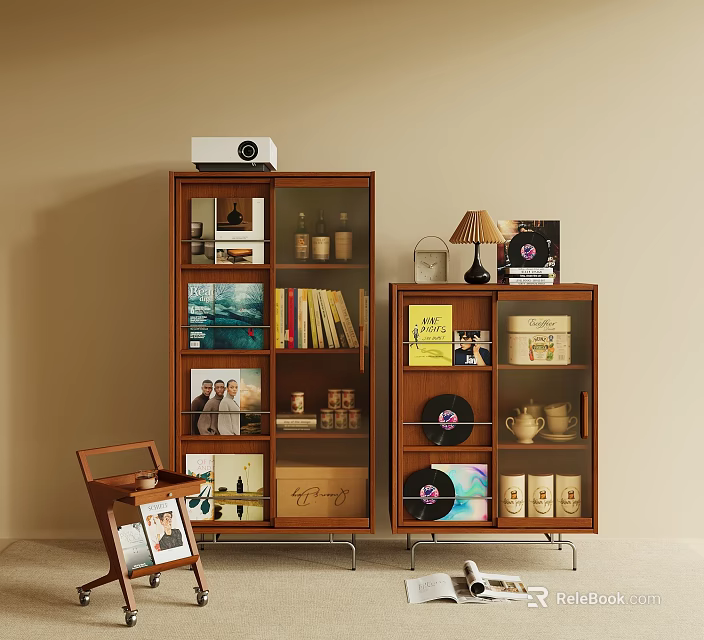 Modern Wooden Glass Door Bookcase Interior With Books Vinyl Records Storage Jars And Decorative Items 3d model 