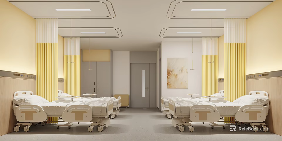 Modern Hospital Ward Interior With White And Yellow Decor Beds Ceiling Lights And Wall Art 3d model 