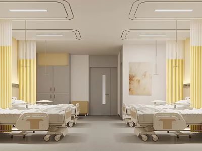 Modern Hospital Ward Interior With White And Yellow Decor Beds Ceiling Lights And Wall Art 3d model