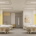 Modern Hospital Ward Interior With White And Yellow Decor Beds Ceiling Lights And Wall Art