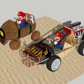 Toy Dolls Sitting In Wooden Boat Shaped And Flame Patterned Cars On Sand
