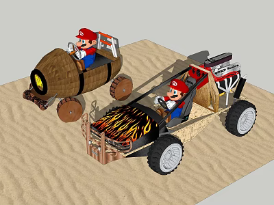 Toy Dolls Sitting In Wooden Boat Shaped And Flame Patterned Cars On Sand 3d model