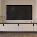 Modern TV Stand with Large TV Vase Plant Mini Bicycle Model and Wooden Herringbone Floor
