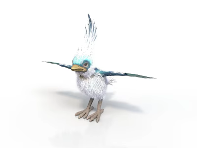 Cute 3D Bird Model With White Feathers Blue Head Crest Feathers Yellow Beak Spread Wings 3d model
