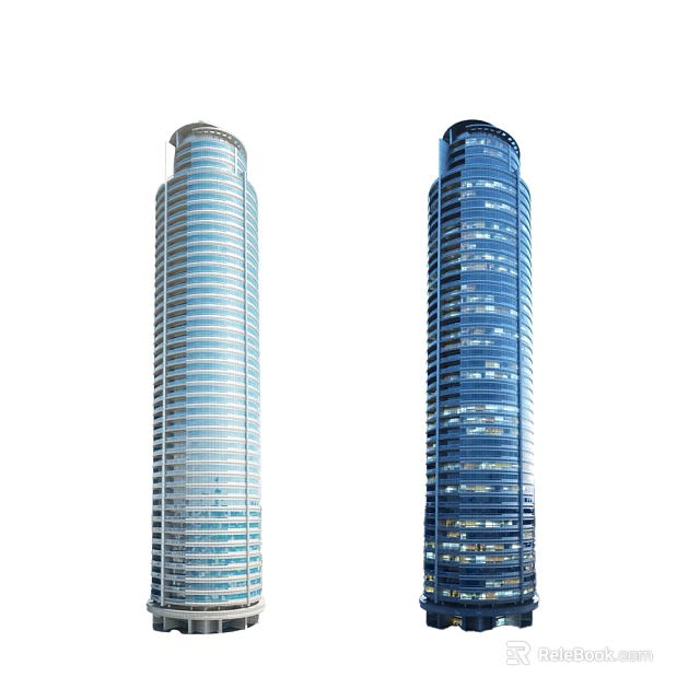 Modern Office Building Exterior With Two Tall Glass Skyscrapers And Night Lighting 3d model 