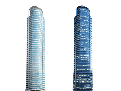Modern Office Building Exterior With Two Tall Glass Skyscrapers And Night Lighting 3d model