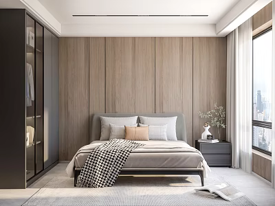 Modern Bedroom Interior With Wooden Panel Walls Black Wardrobe Bed With Pillows And Plaid Blanket 3d model