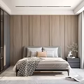 Modern Bedroom Interior With Wooden Panel Walls Black Wardrobe Bed With Pillows And Plaid Blanket