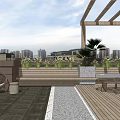 Modern Rooftop Garden Featuring Wooden Deck Stone Flooring Bench Palm Tree And City Skyline Pergola