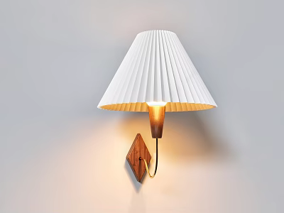 Wall Lamp With White Pleated Shade Wooden Base And Warm Illumination On Light Wall 3d model