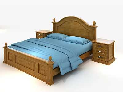 Wooden Double Bed with Blue Bedding and Wooden Nightstands with Drawers 3d model