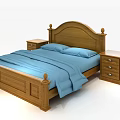 Wooden Double Bed with Blue Bedding and Wooden Nightstands with Drawers