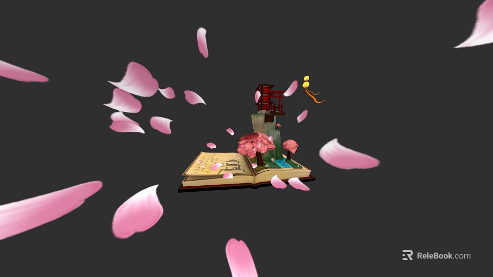 Open Book With Red Tower Cherry Blossom Tree And Pink Petals 3d model 