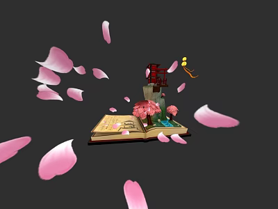 Open Book With Red Tower Cherry Blossom Tree And Pink Petals 3d model