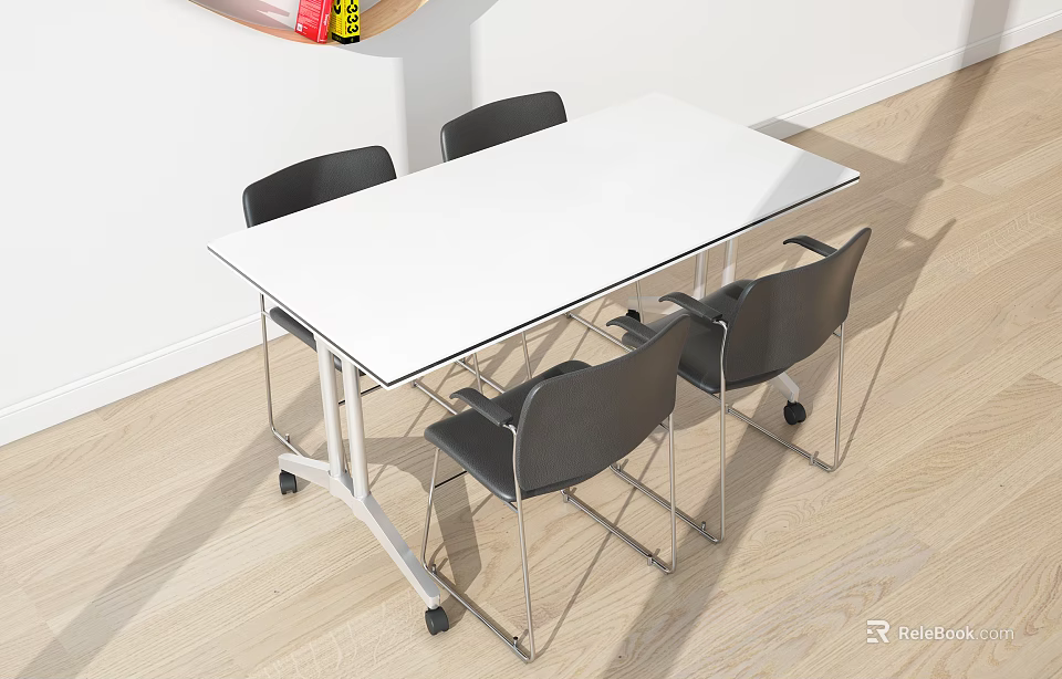Modern Office Desk With White Tabletop Metal Frame And Four Black Chairs 3d model 