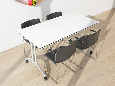 Modern Office Desk With White Tabletop Metal Frame And Four Black Chairs 3d model