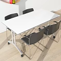 Modern Office Desk With White Tabletop Metal Frame And Four Black Chairs