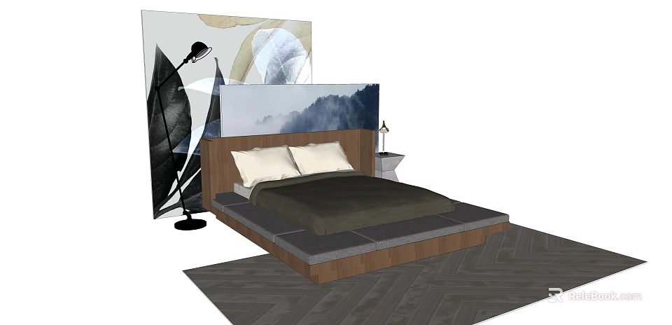 Double Bed with Wooden Headboard White Pillows Dark Bedding Nightstand Table Lamp Abstract Paintings Dark Herringbone Floor 3d model 