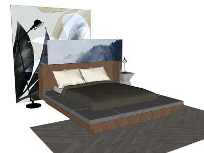 Double Bed with Wooden Headboard White Pillows Dark Bedding Nightstand Table Lamp Abstract Paintings Dark Herringbone Floor 3d model