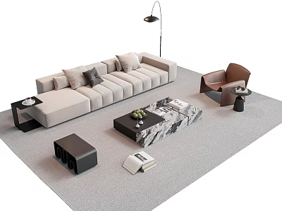 Beige L Shaped Sofa With Gray Cushions And Marble Coffee Table Set With Green Plant 3d model