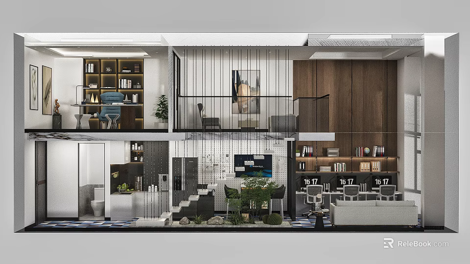 Modern Duplex Apartment Interior With Bookshelves Staircase Sofa TV Plants And Dining Table Chairs 3d model 